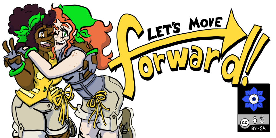 Kelsie and Winter are hugging, posing for the viewer.
		The 'Let's Move Forward' logo is super imposed over
		them.