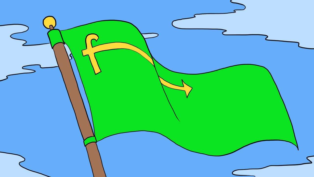 This is a drawing of a flag flying against a blue sky cobbled
	with clouds. The flag is primarily a green color with a golden
	lowercase letter "f" in the upper left corner. The horizontal line
	of the f stretches rightward on the flag terminating in an arrow,
	which is the universal symbol of Forwardism.