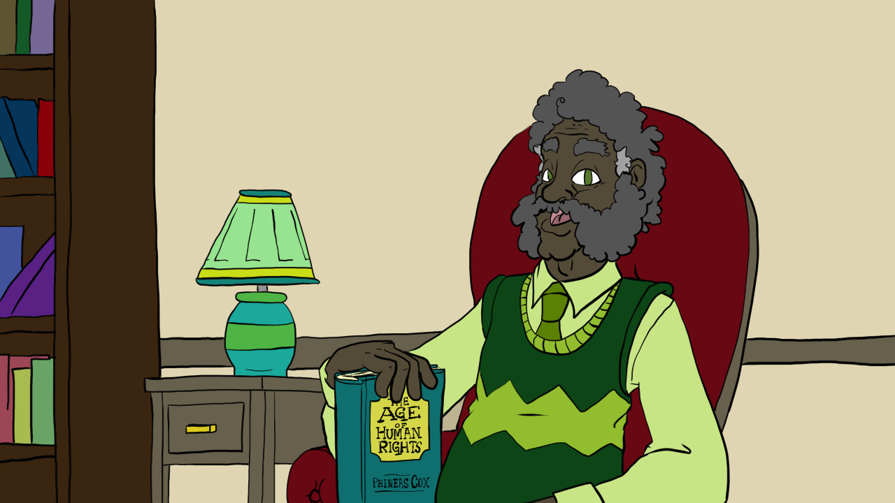 This is a drawing of a man seated on a plush armchair. On his lap,
		he is holding a book entitled "The Age Of Human Rights"
		by Phineas Cox. The man has dark skin and greying hair, with white
		stripes near the temples. In the background a bookshelf with books 
		and an endtable with a lamp are visible.