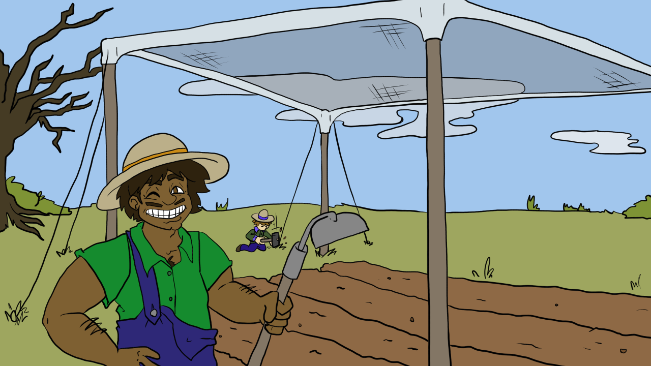 This is a drawing that shows the sun filter described in the text.
		It is made of a square plastic frame that's held up by four wooden
		poles. Held taut by the sides of the frame is a mesh filter. 
		In the foreground of the image is a farmer wearing overalls held up 
		by only one strap, as well as a straw hat. He's holding a gardening
		hoe. Behind him is the sun filter standing over a plot of tilled 
		soil. Behind the sun filter, another person is kneeling on the 
		ground and hammering a stake into the ground. Attached to the stake
		is a cord holding tension on the sun filter's frame, holding it down.
		In the background on the far left is a leafless tree in front of
		a small bush. On the far right there is a bush and a few small
		bunches of grass. On the horizon is a light blue sky with few
		clouds. 