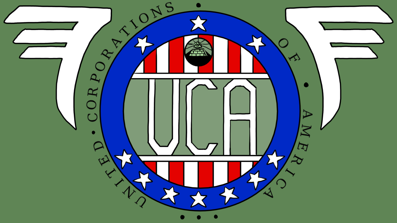 This is a drawing of the logo for the United Corporations
	of America. In the center of the logo is circular seal
	encompased by the words "United Corporations of America" with
	two stylized wings on the right and left of the image. The
	seal features an outer blue ring with ten white stars, three of
	which are on top and seven of which are on bottom. Inside this ring
	the letters "UCA" are framed by two bars of stripes which are
	reminiscent of the old United States flag. On the top bar, there is
	a smaller seal which resembles the "Eye of Providence" seal once
	used by the United States.