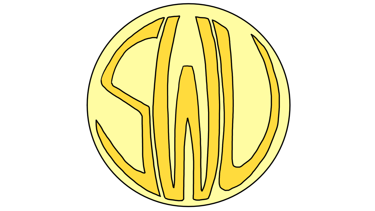 This image shows a circular badge that's a light yellow color.
		The letters "SWU" are written inside the badge, in a 
		gold color.
		SWU stands for "Social Worker's Union."